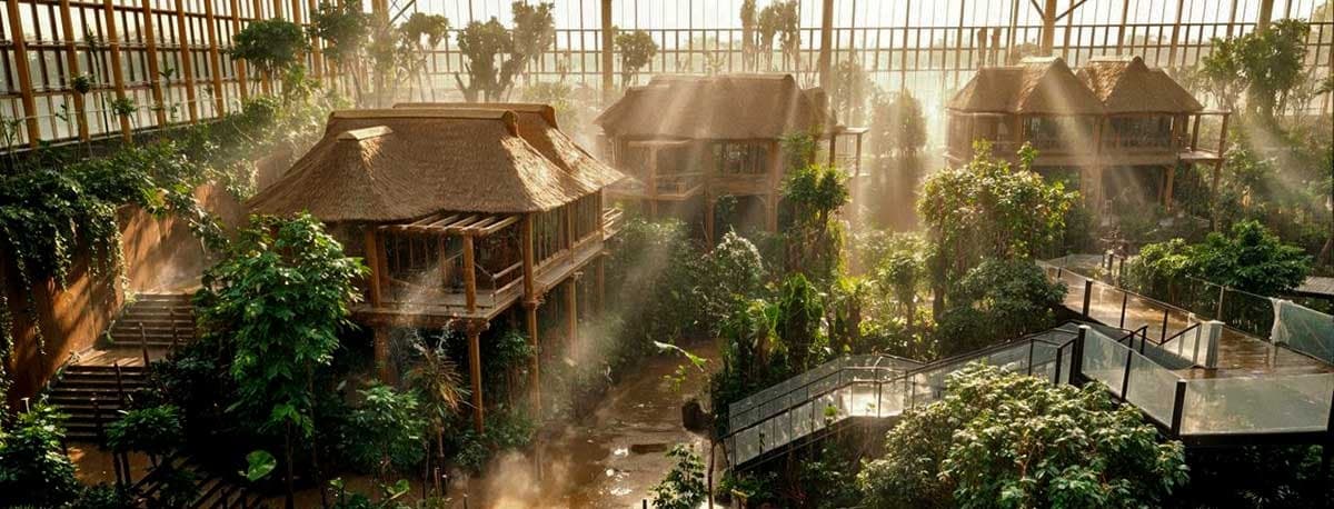 Thatched roof structures inside the Pairi Daiza Edenya greenhouse biome in Belgium